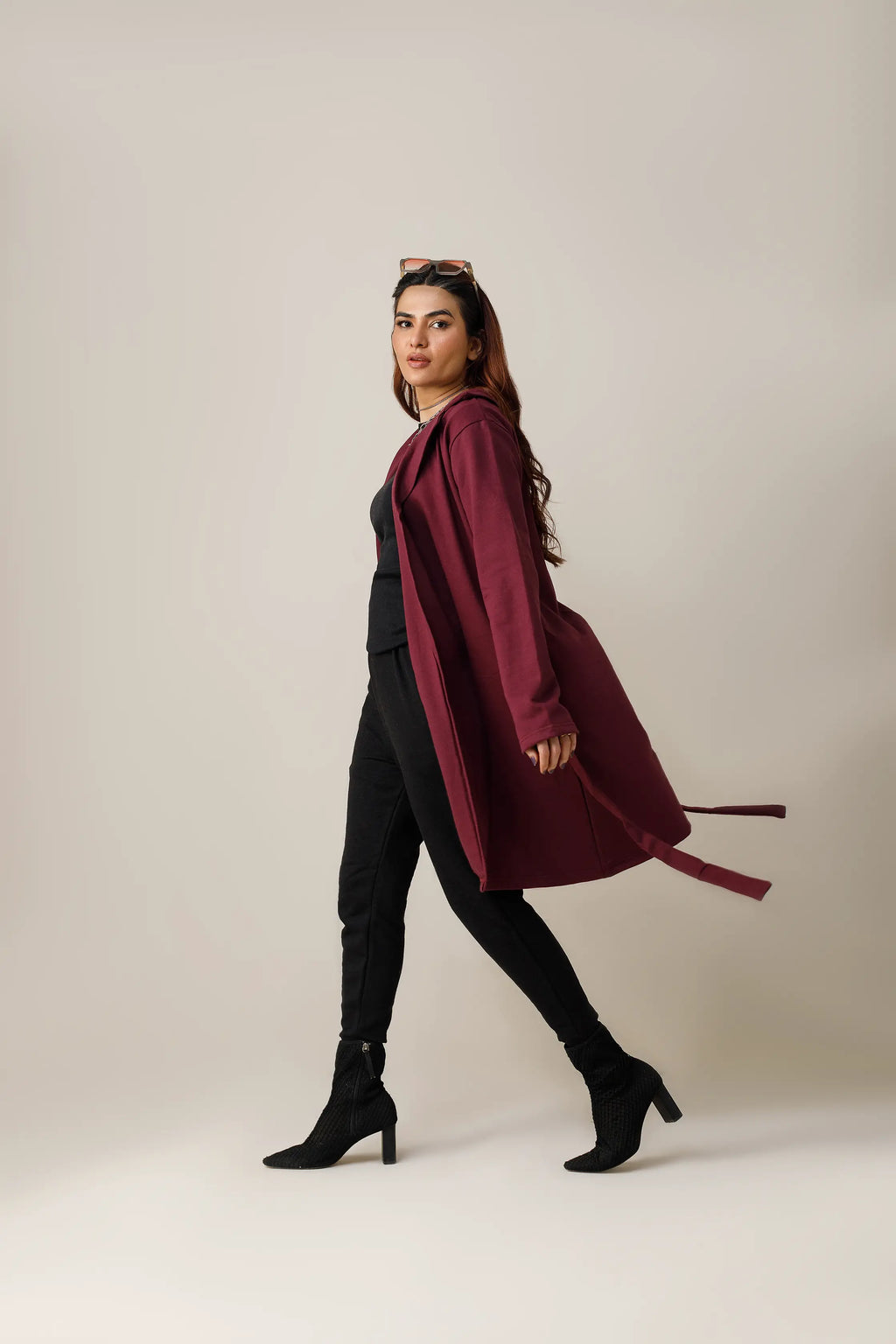 Women's fleece maroon long lapel coat.