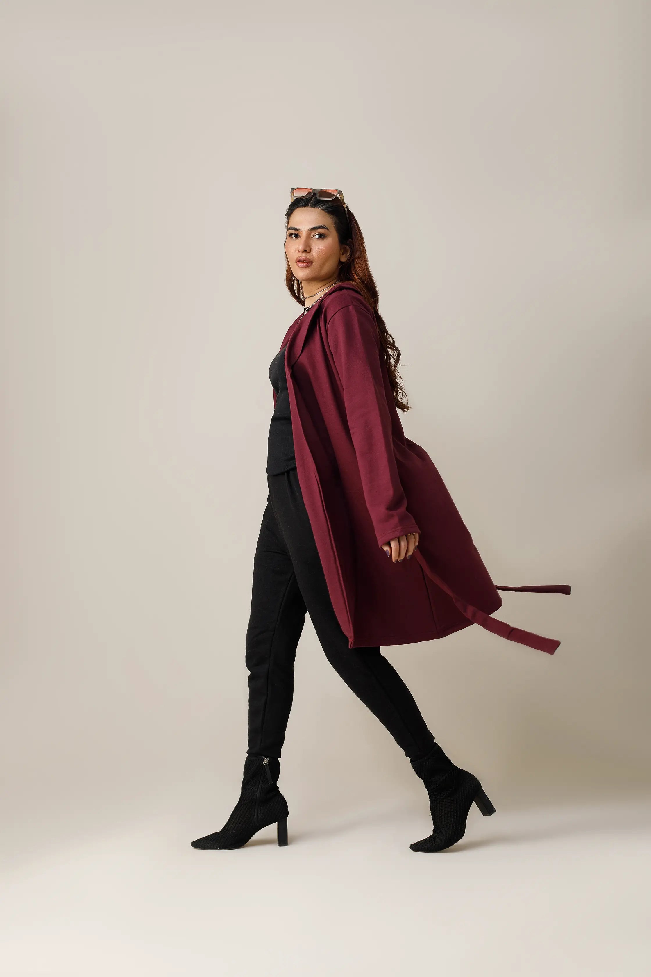 Women's fleece maroon long lapel coat.