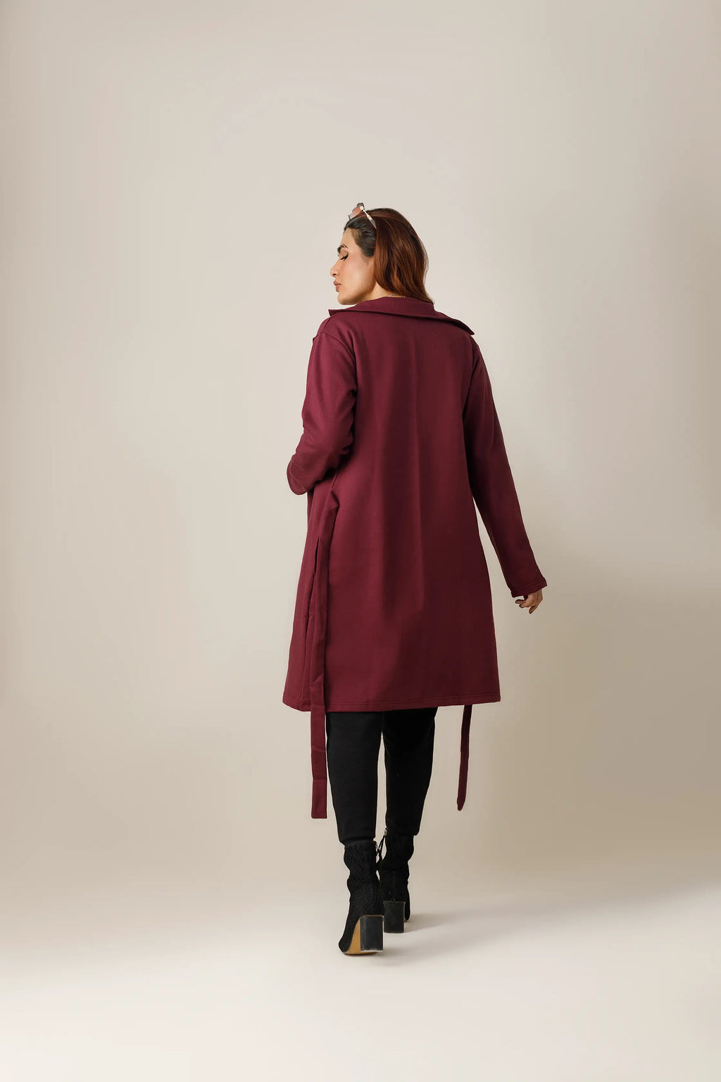 Women's fleece maroon long lapel coat.