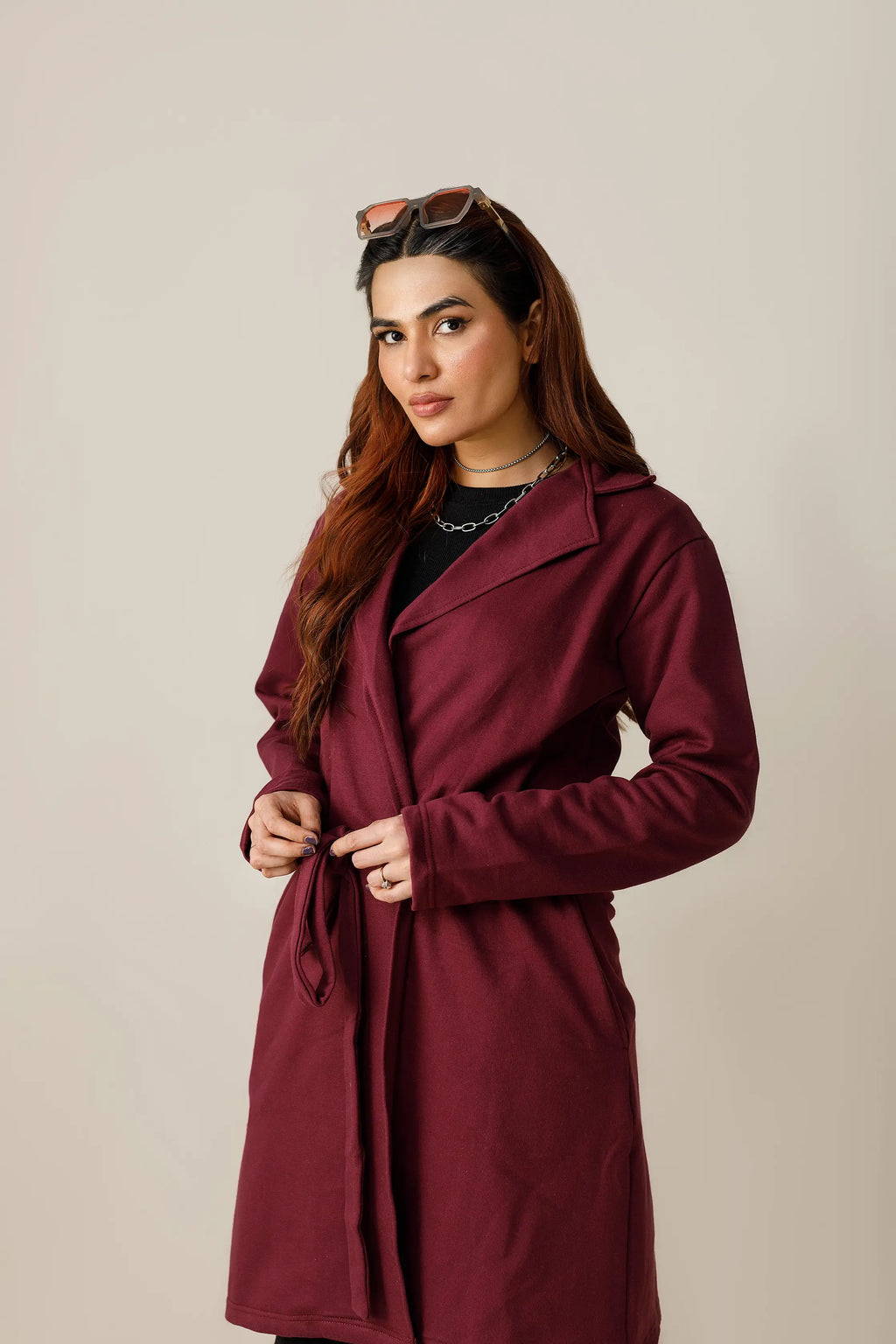 Women's fleece maroon long lapel coat.