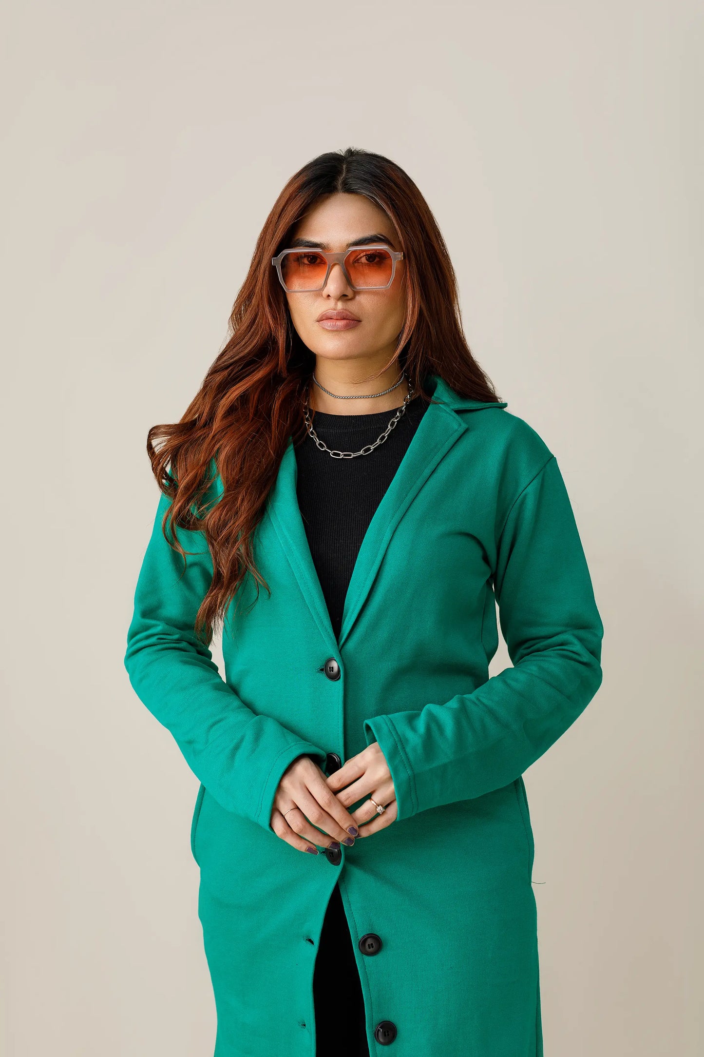 Turquoise-Green Button Down Short Lapel Coat