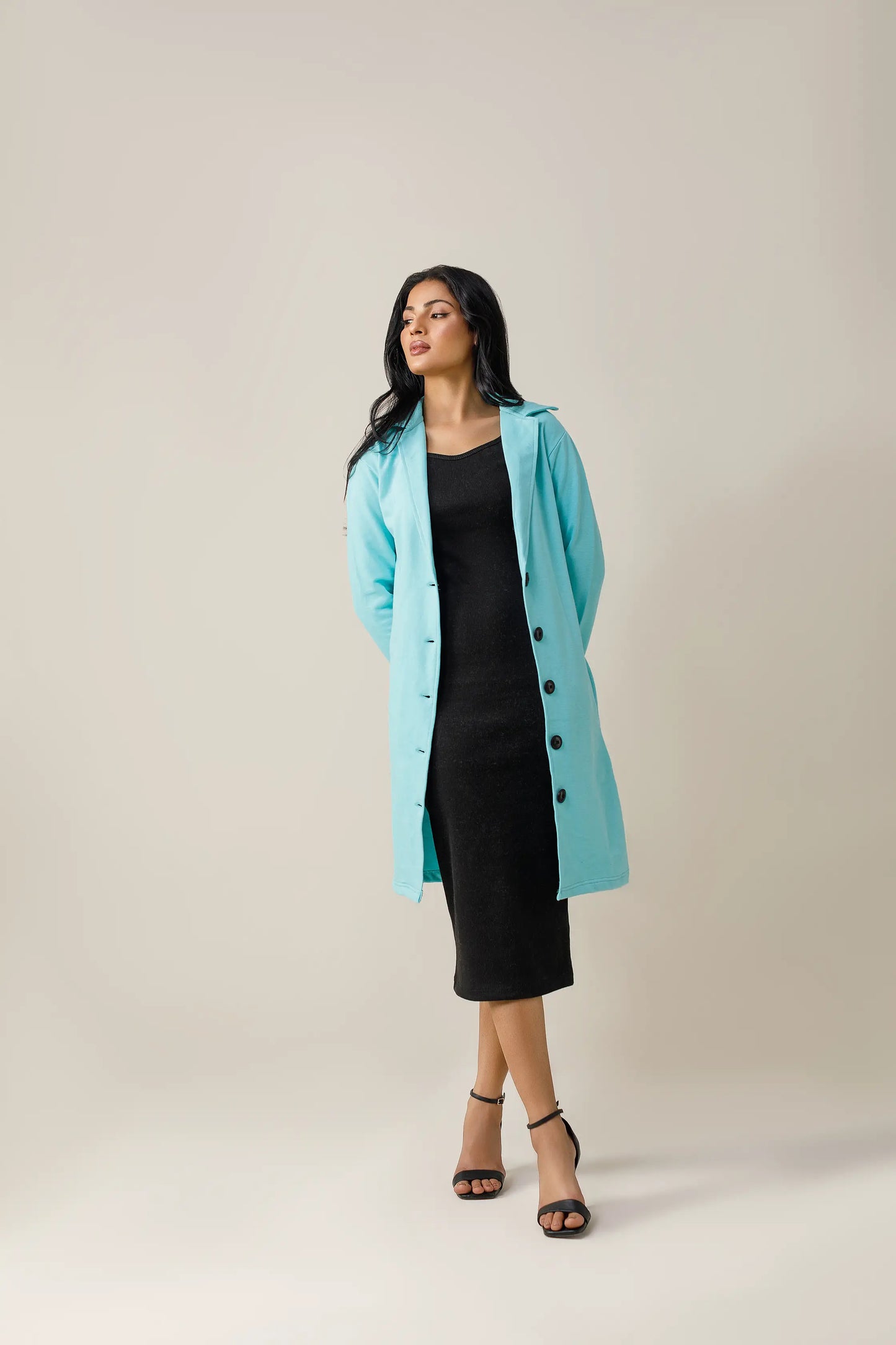 Turquoise Button Down Short Lapel Coat