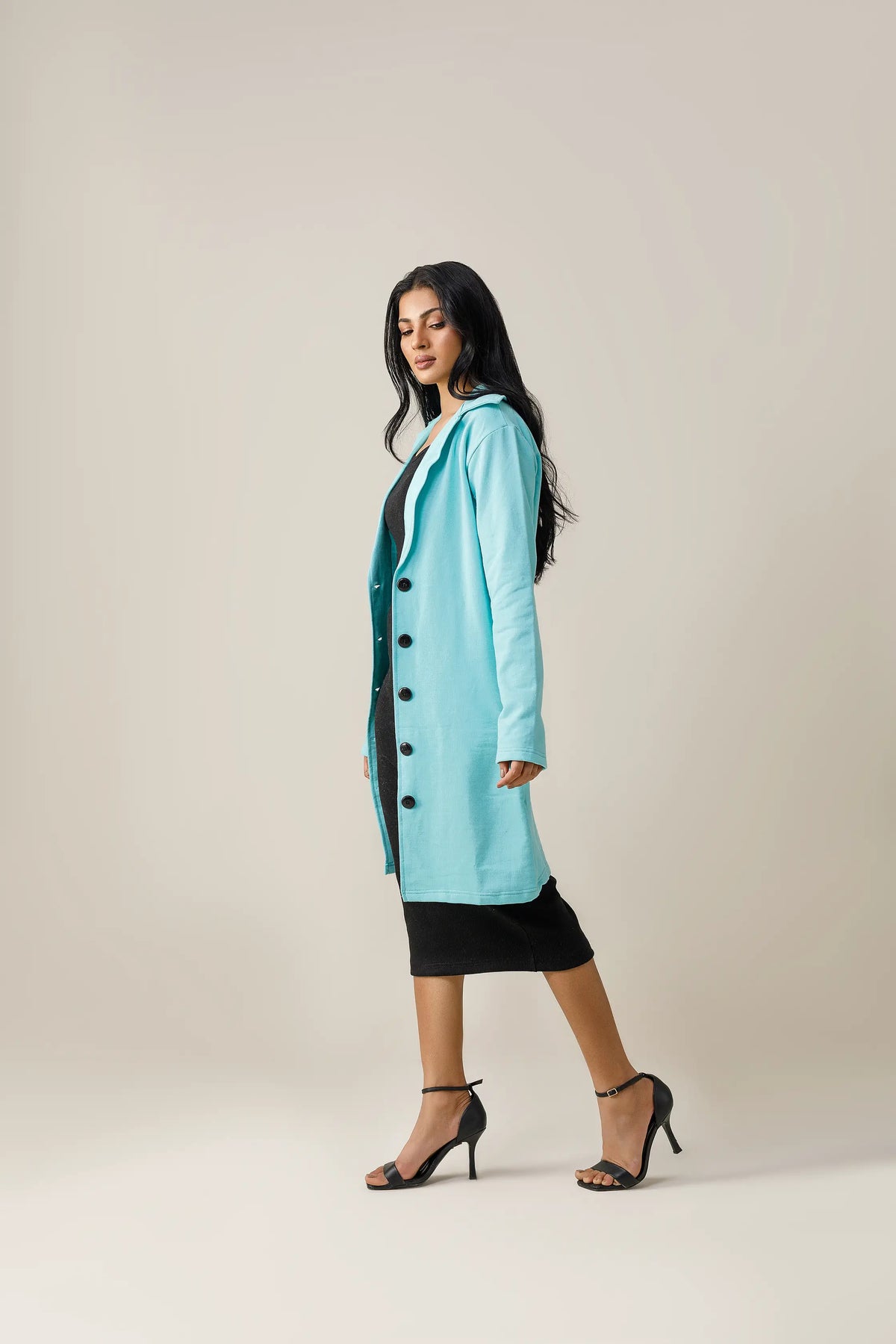 Women's blue short lapel coat.