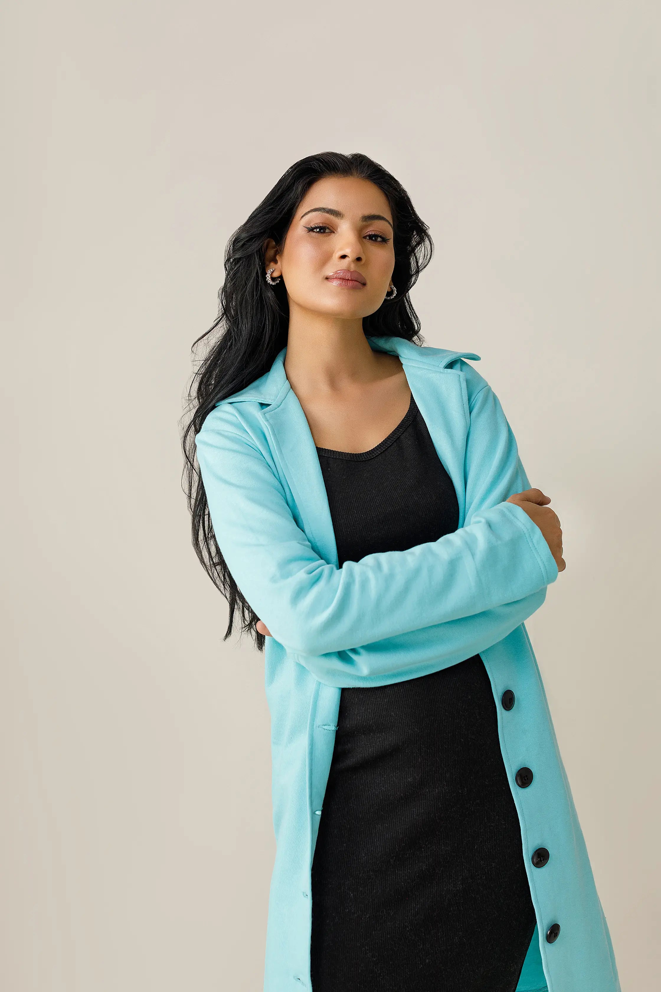Women's blue short lapel coat.