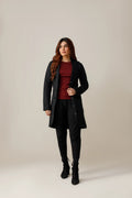 Women's black short lapel coat.