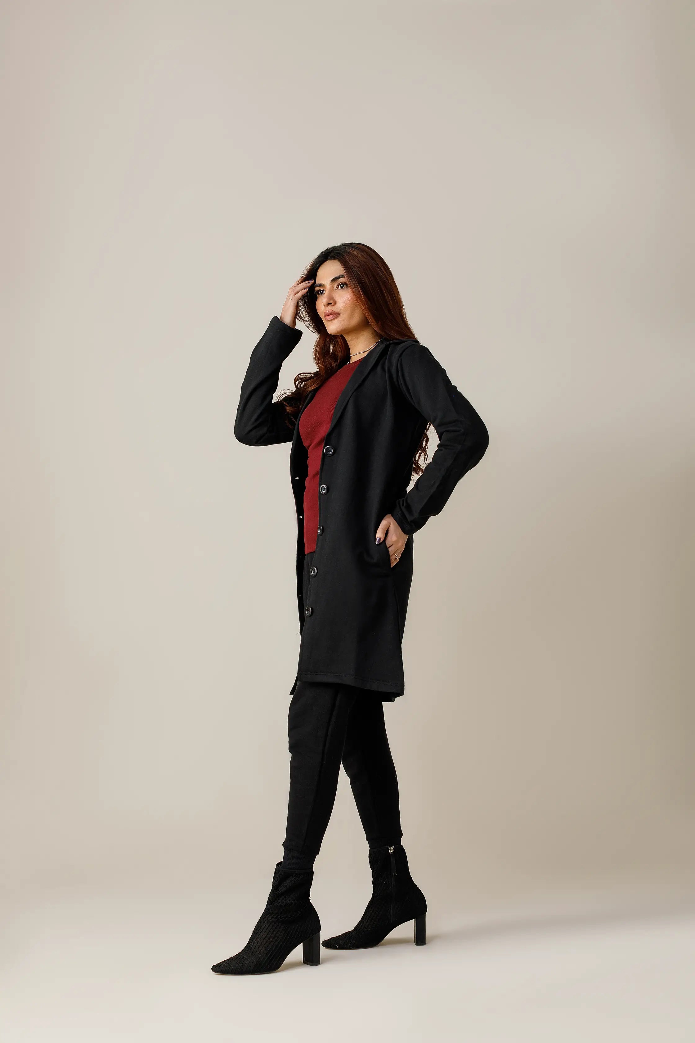 Women's black short lapel coat.