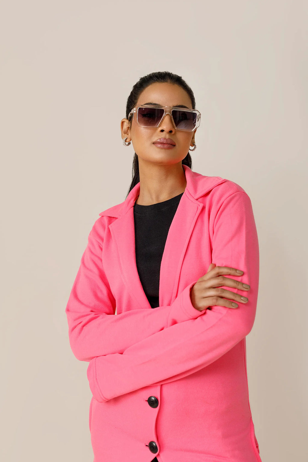 Women's fleece pink short lapel coat.