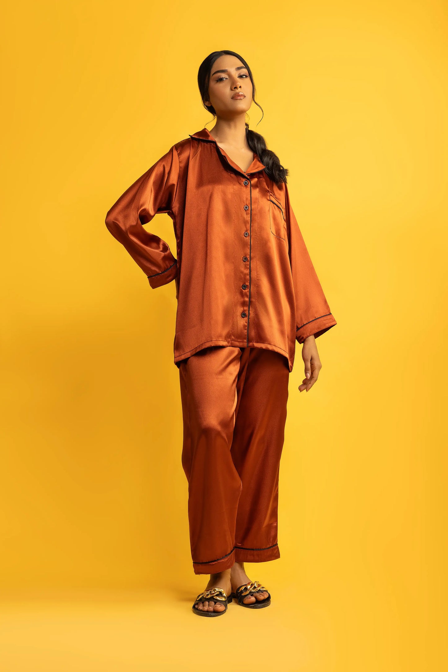 Rust Silk Satin Women‘s Pajamas Set Notched Collar Top & Wide Leg Long Pants 2 Pieces  Loungewear