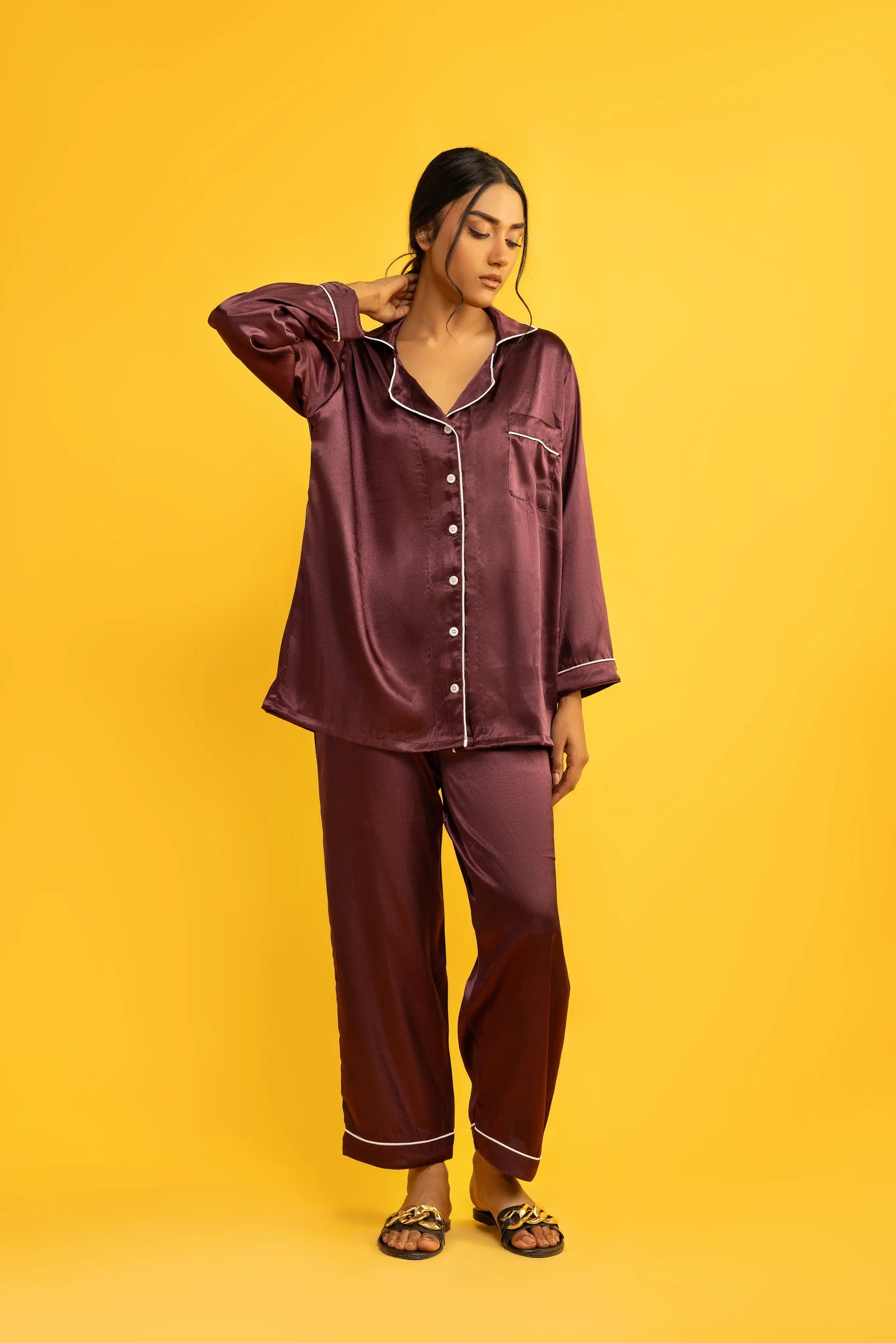 Purple Silk Satin Women‘s Pajamas Set Notched Collar Top & Wide Leg Long Pants 2 Pieces  Loungewear