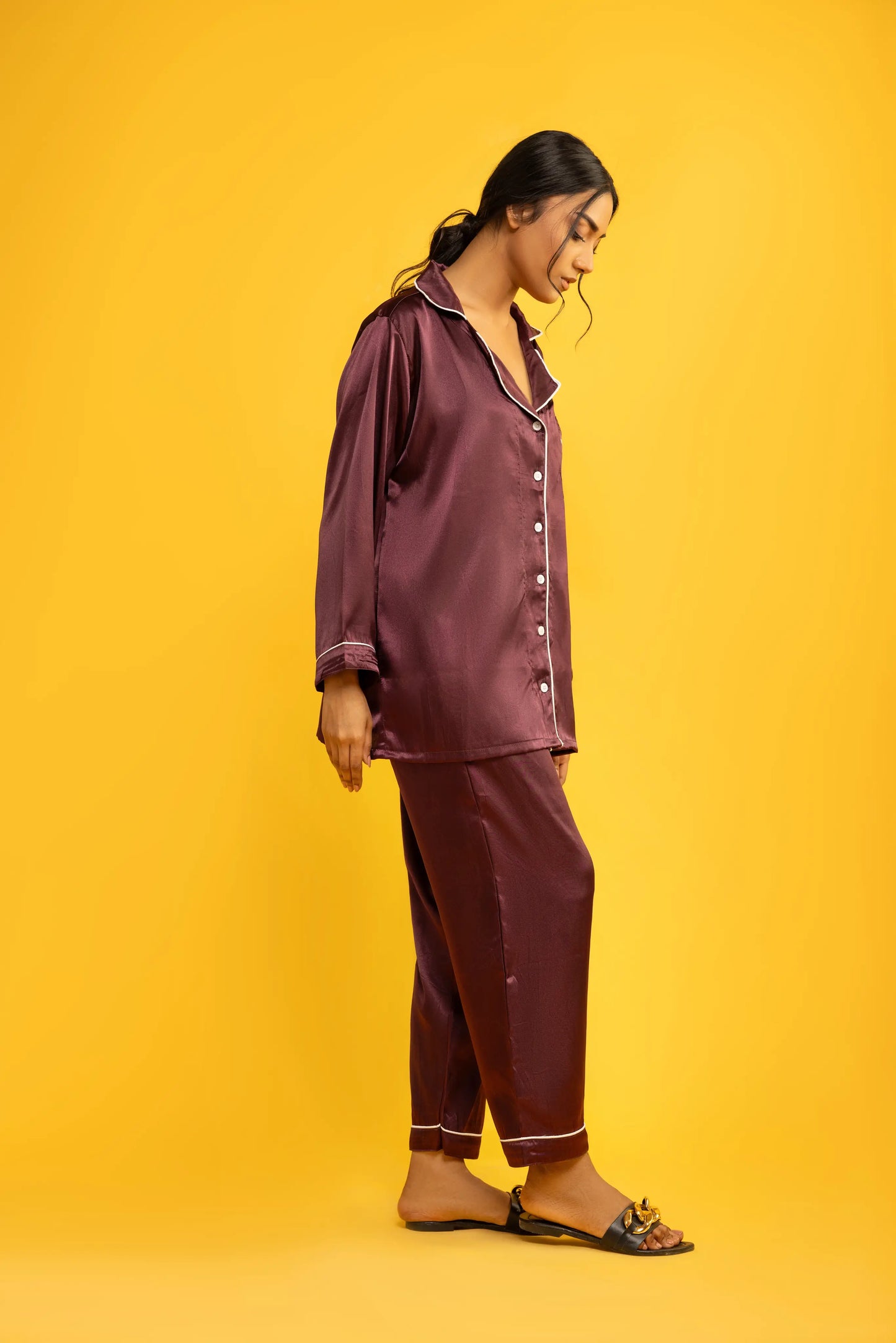Purple Silk Satin Women‘s Pajamas Set Notched Collar Top & Wide Leg Long Pants 2 Pieces  Loungewear