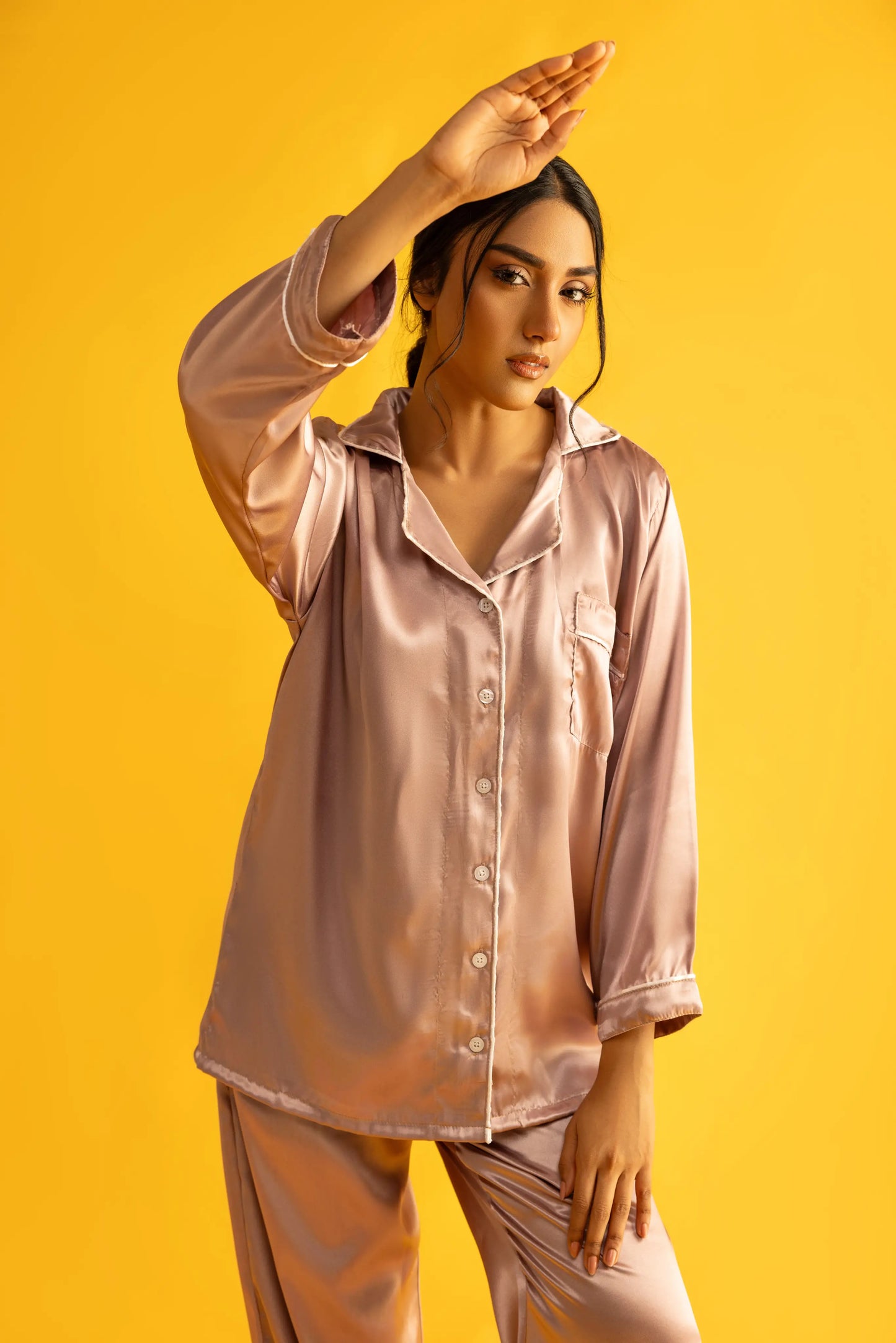 Tea Pink Silk Satin Women‘s Pajamas Set Notched Collar Top & Wide Leg Long Pants 2 Pieces  Loungewear