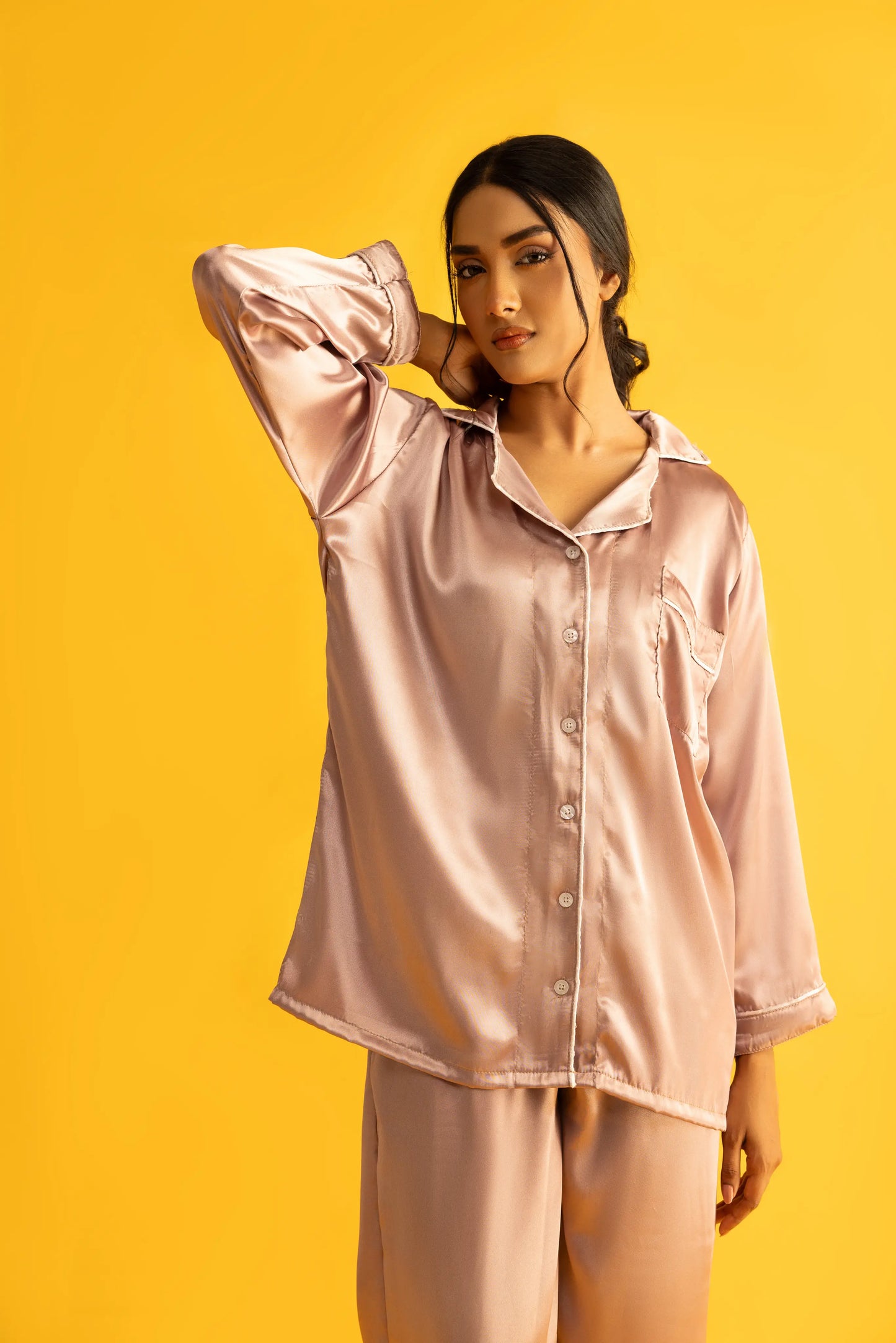 Tea Pink Silk Satin Women‘s Pajamas Set Notched Collar Top & Wide Leg Long Pants 2 Pieces  Loungewear
