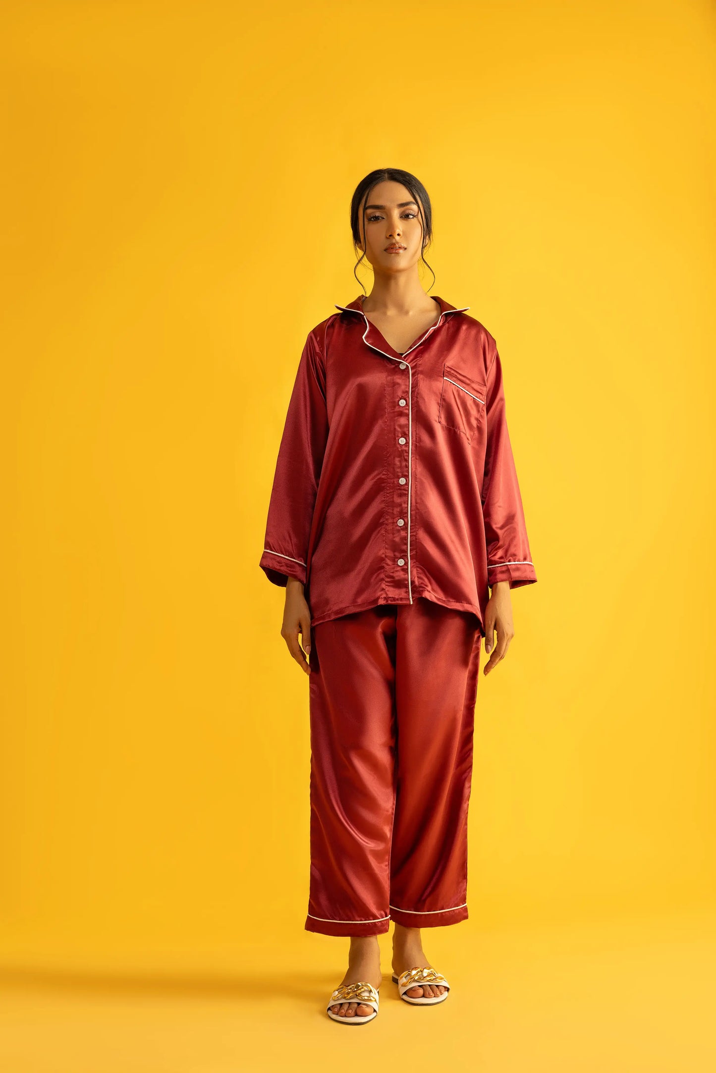 Blood Maroon Silk Satin Women‘s Pajamas Set Notched Collar Top & Wide Leg Long Pants 2 Pieces  Loungewear