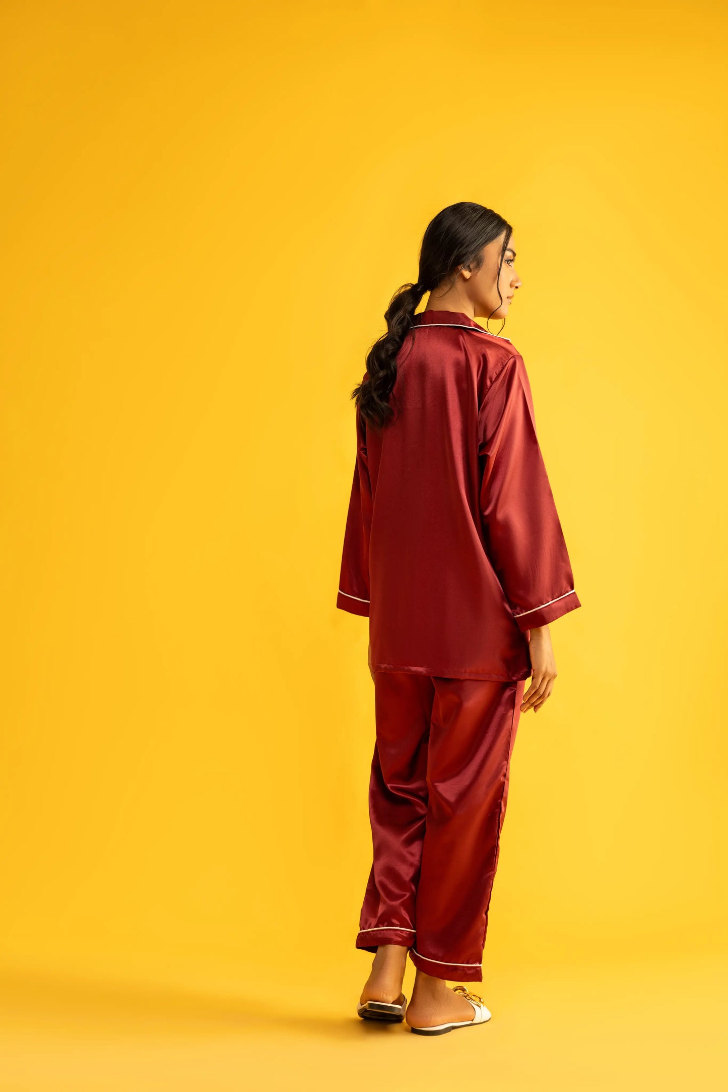 Blood Maroon Silk Satin Women‘s Pajamas Set Notched Collar Top & Wide Leg Long Pants 2 Pieces  Loungewear