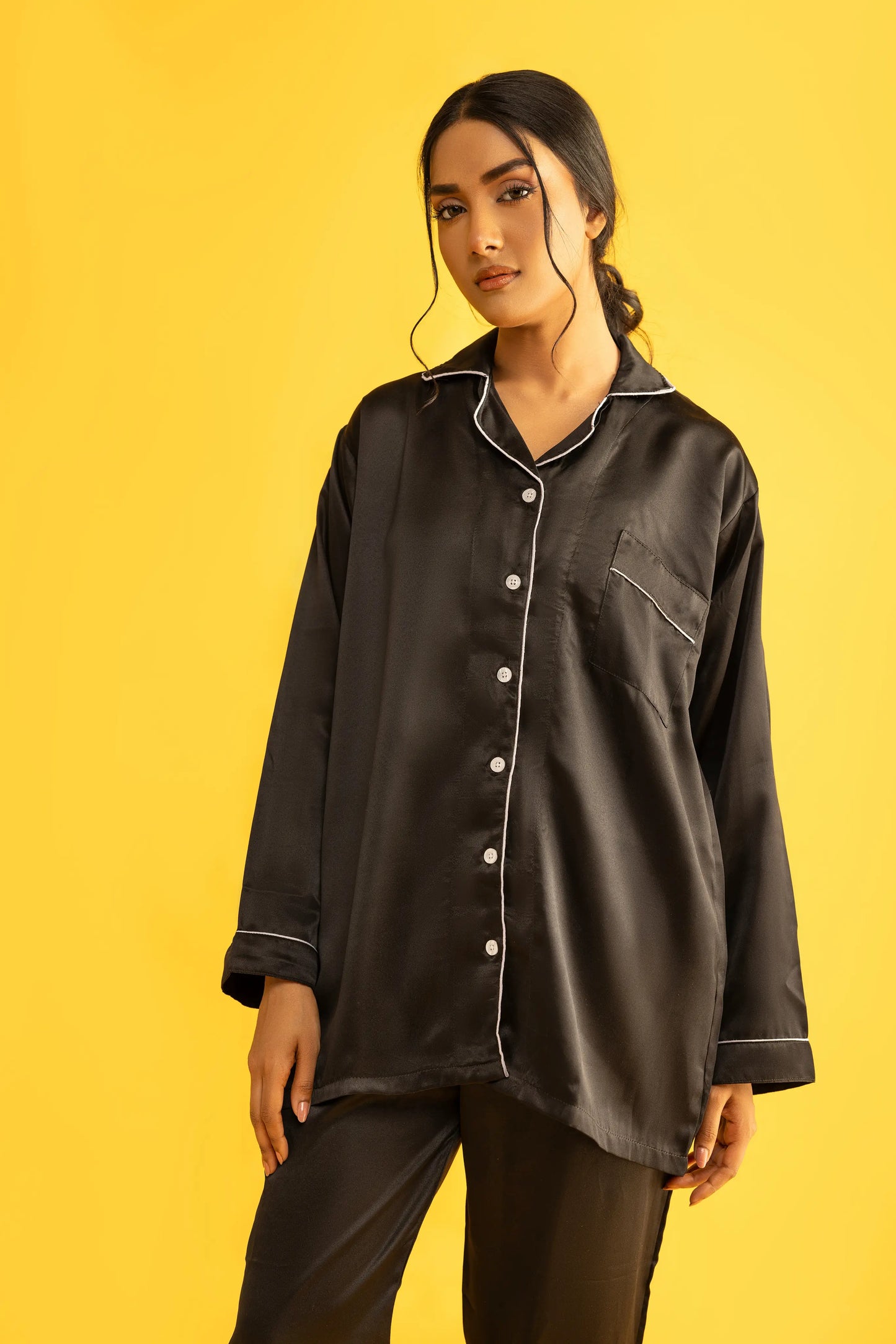 Black Silk Satin Women‘s Pajamas Set Notched Collar Top & Wide Leg Long Pants 2 Pieces  Loungewear