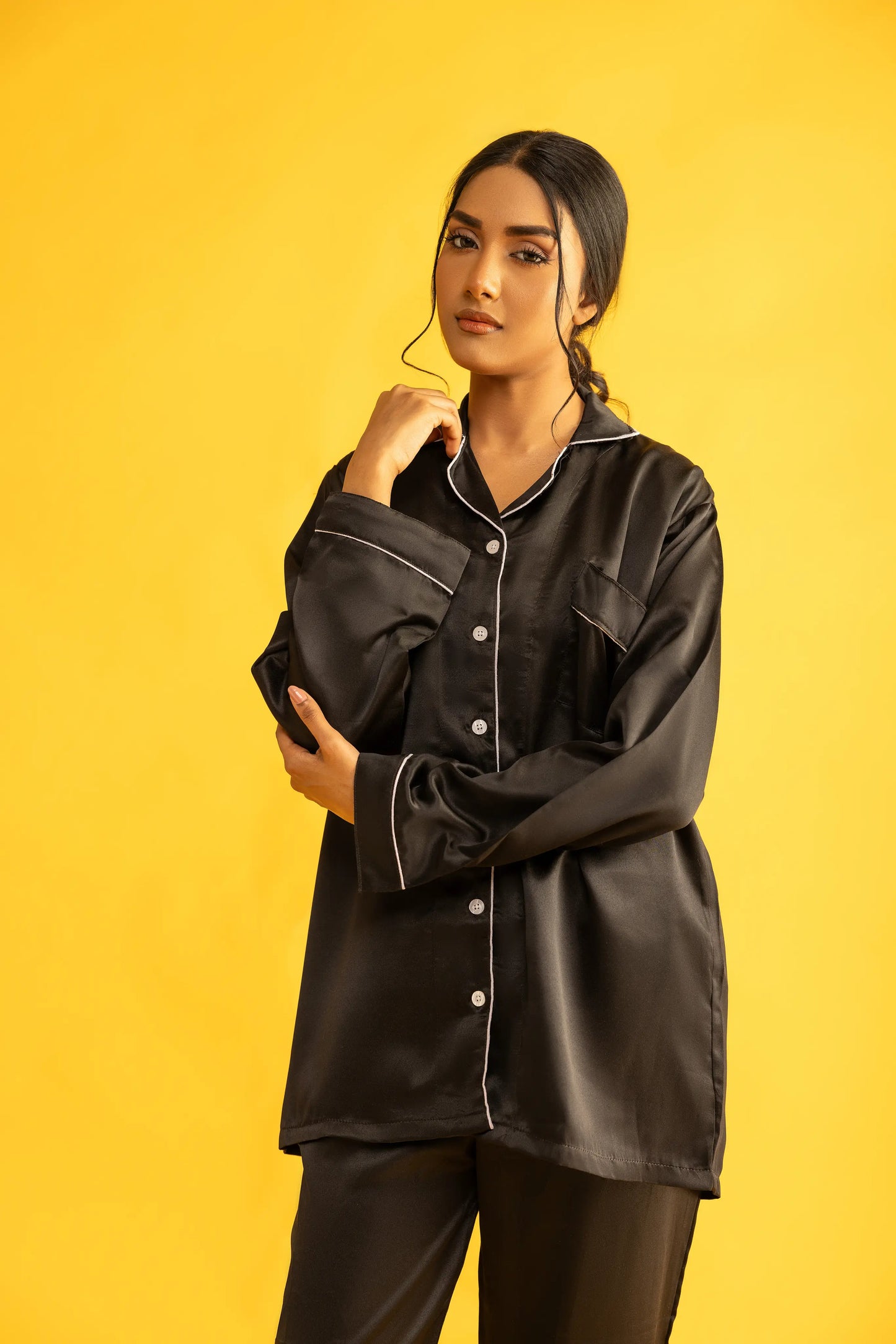 Black Silk Satin Women‘s Pajamas Set Notched Collar Top & Wide Leg Long Pants 2 Pieces  Loungewear