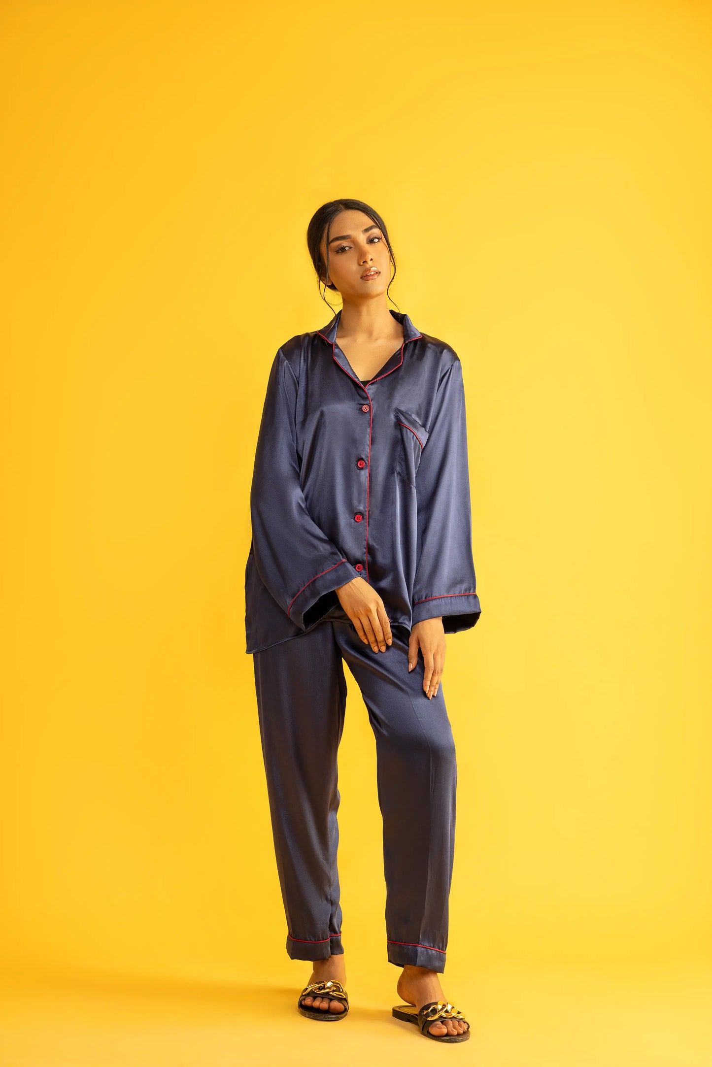 Blue Silk Satin Women‘s Pajamas Set Notched Collar Top & Wide Leg Long Pants 2 Pieces  Loungewear