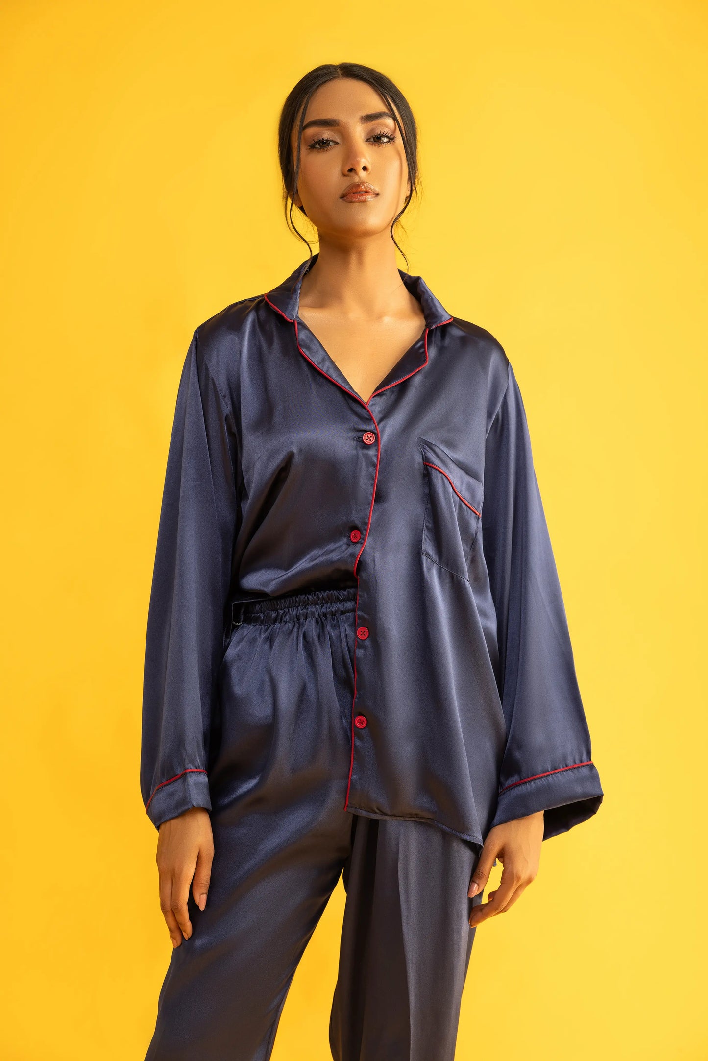 Blue Silk Satin Women‘s Pajamas Set Notched Collar Top & Wide Leg Long Pants 2 Pieces  Loungewear