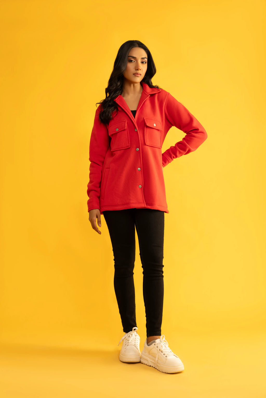 Women's oversize red double pocket shacket (Jacket).