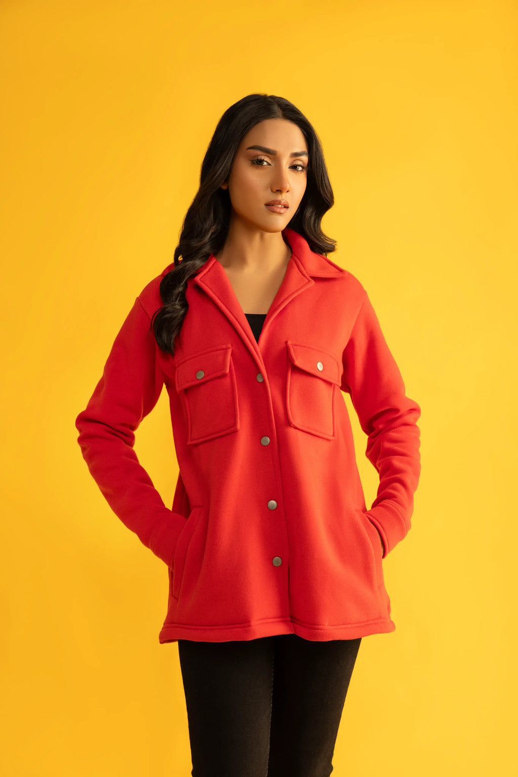 Women's oversize red double pocket shacket (Jacket).
