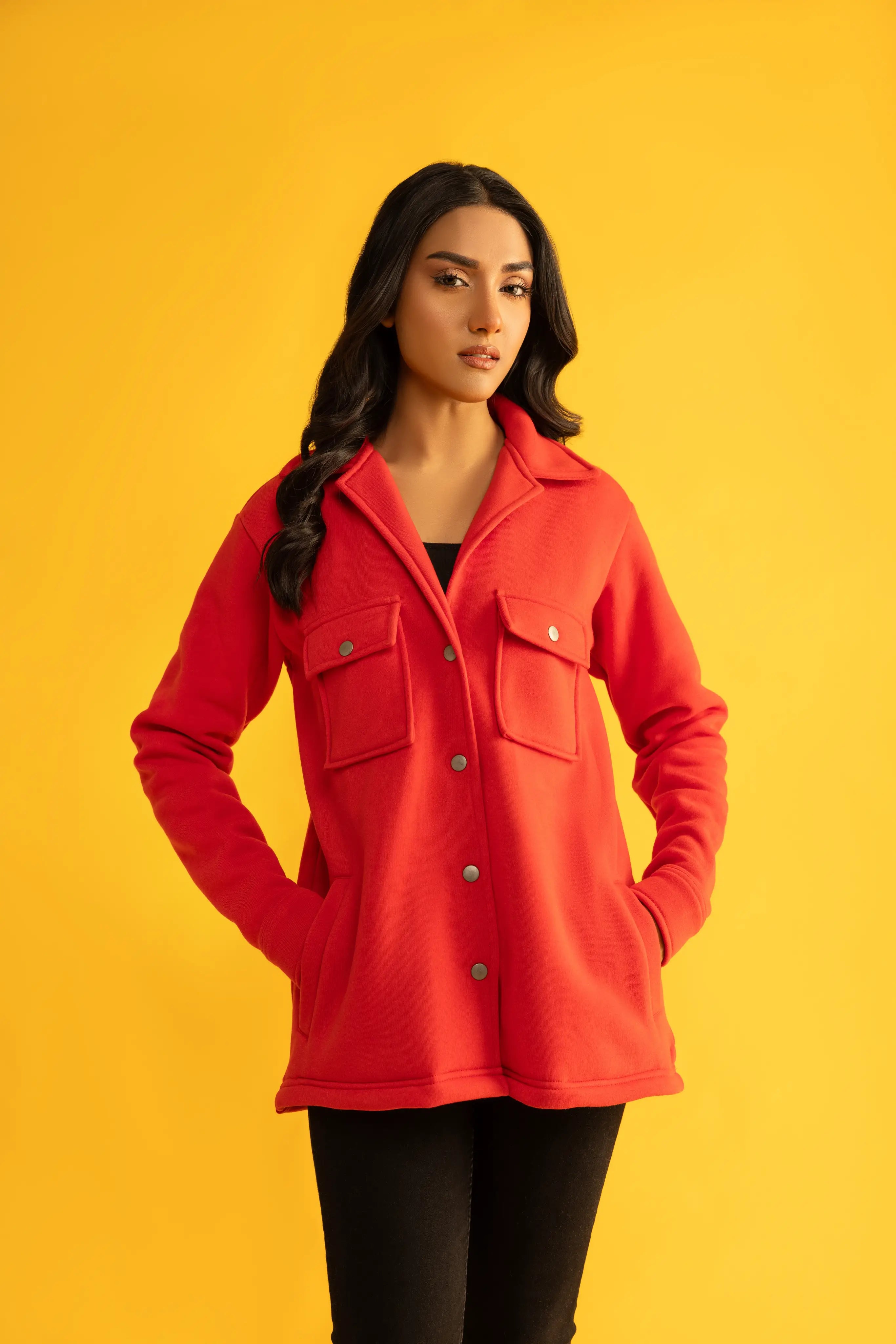 Women's oversize red double pocket shacket (Jacket).