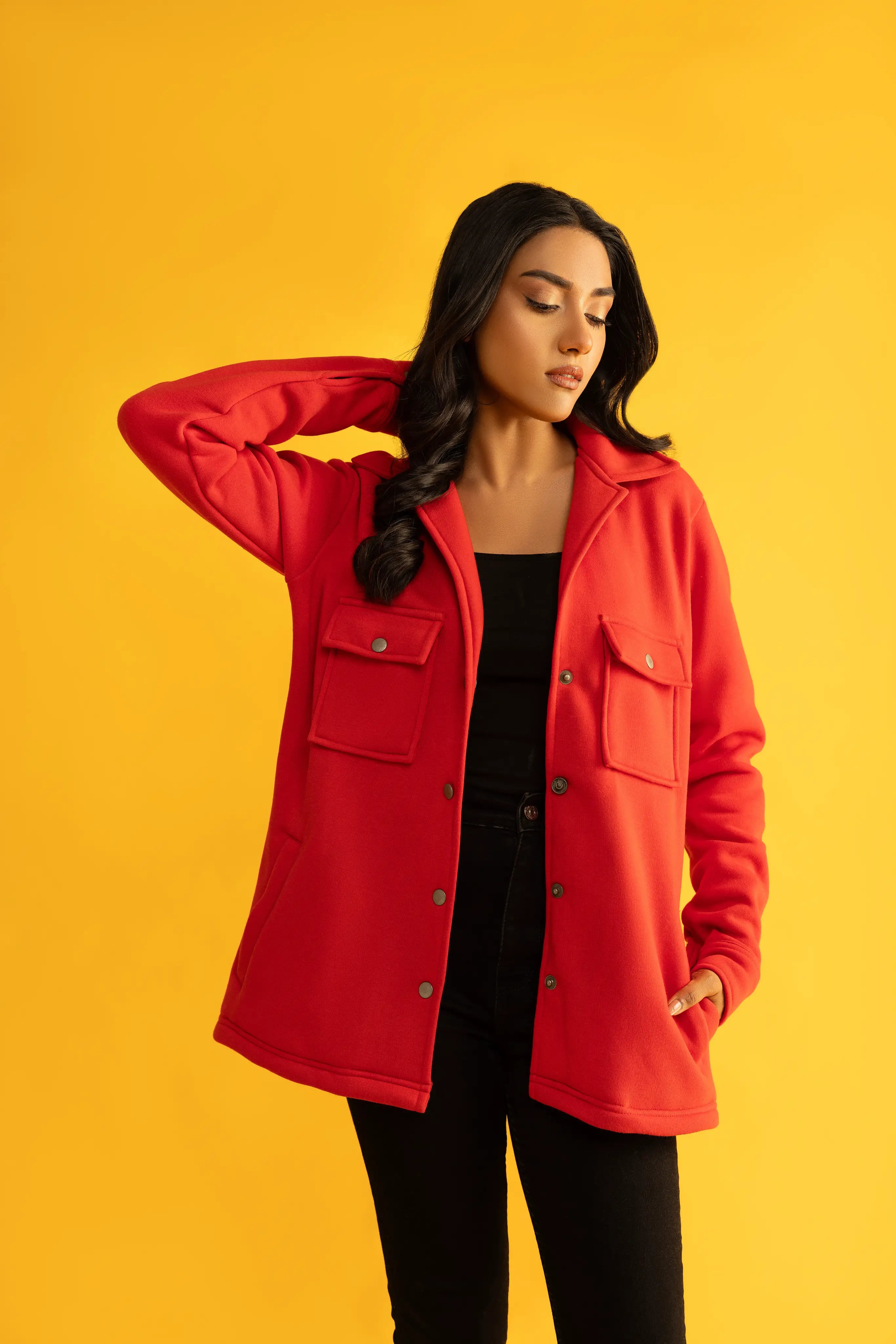 Women's oversize red double pocket shacket (Jacket).