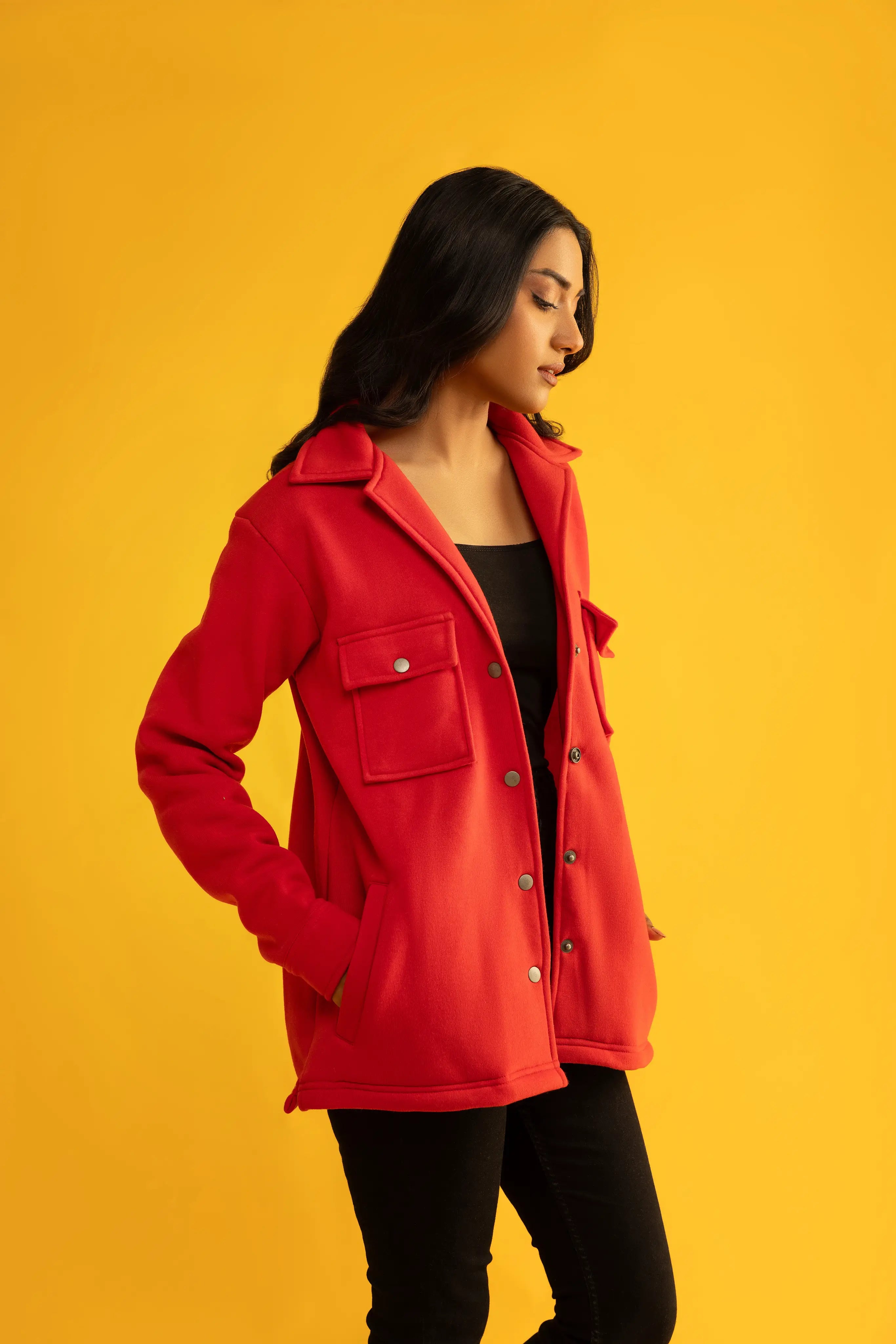 Women's oversize red double pocket shacket (Jacket).