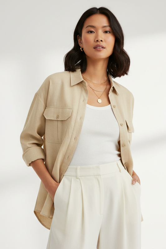 Oversized Linen-blend Cargo Shirt Beige