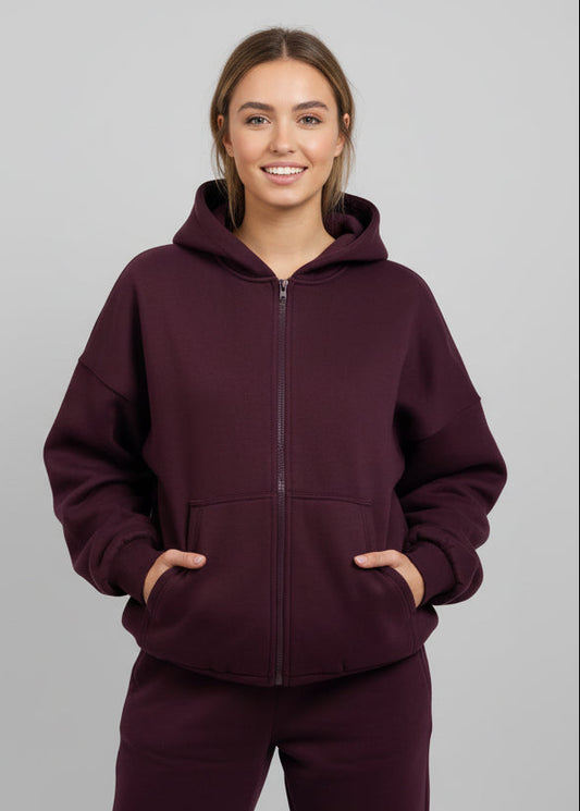 Maroon womens Zipper Tracksuit Loose Fit