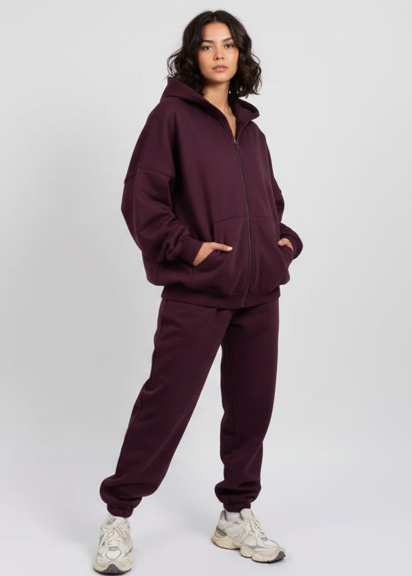 Maroon womens Zipper Tracksuit Loose Fit