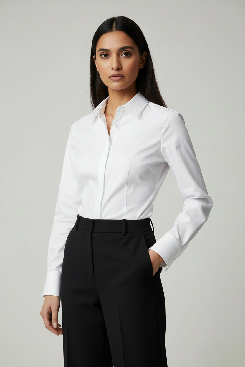 Woman wearing a white shirt and black pants against a gray background