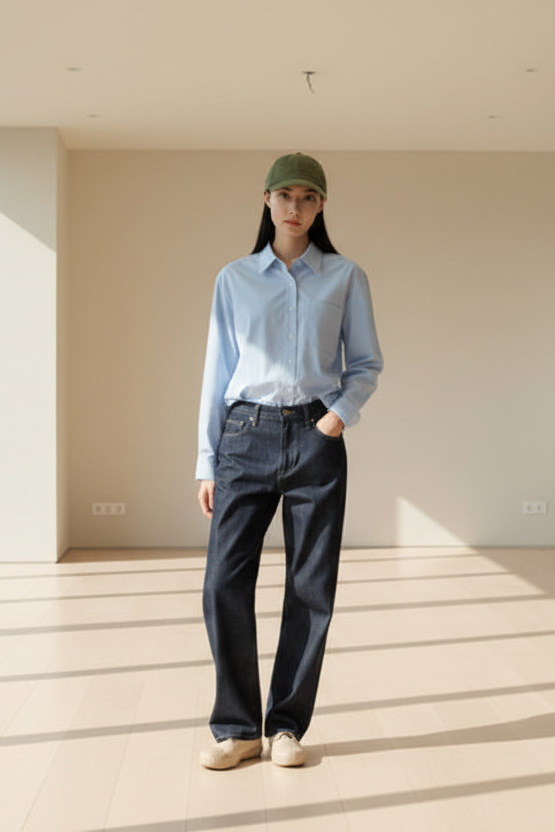 Blue Oxford Boxy Cropped Shirt