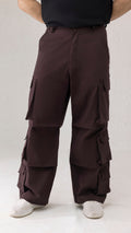 Front view of Branforge Funnel Fall Cargo Pants in coffee brown twill with wide leg fit and non-elastic waist