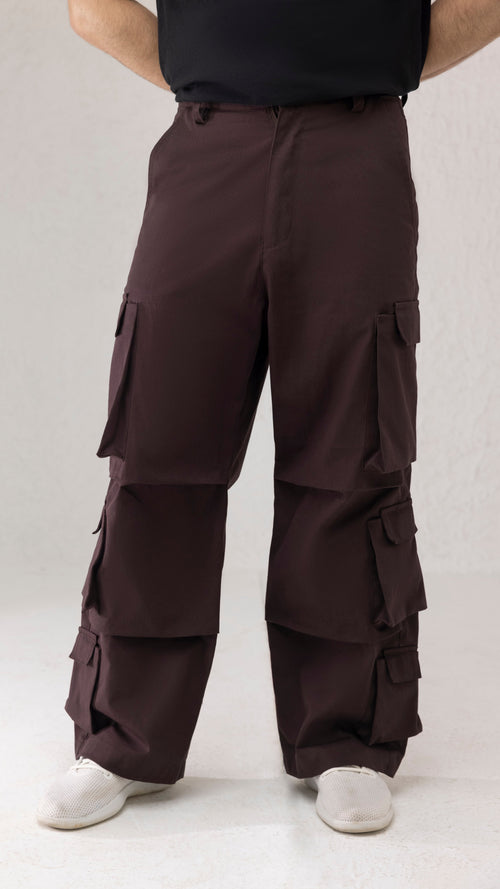 Front view of Branforge Funnel Fall Cargo Pants in coffee brown twill with wide leg fit and non-elastic waist