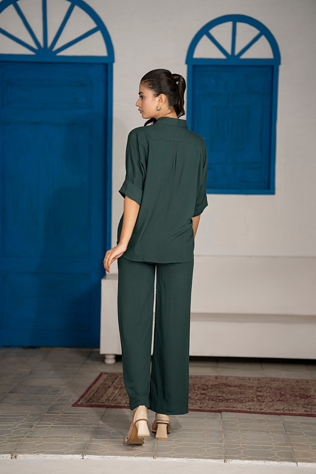 Back view of Emerise Co-Ord Set showcasing emerald green lightweight fabric and relaxed fit
