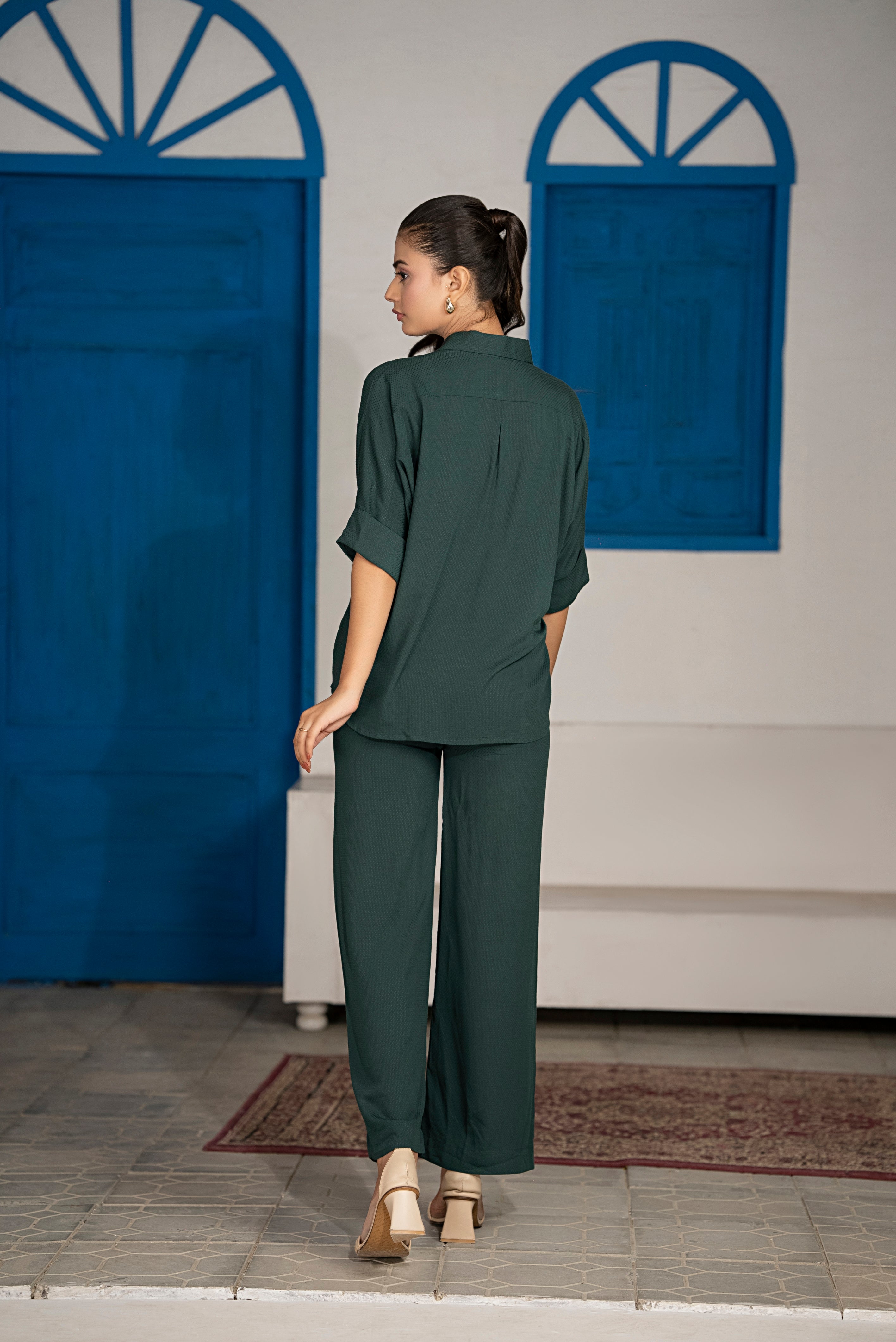 Back view of Emerise Co-Ord Set showcasing emerald green lightweight fabric and relaxed fit