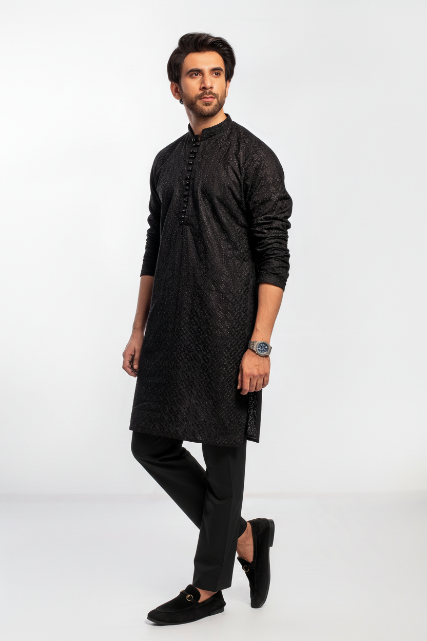 Black Men's kurta Pajama Set Embroidered (Chikan Kari)
