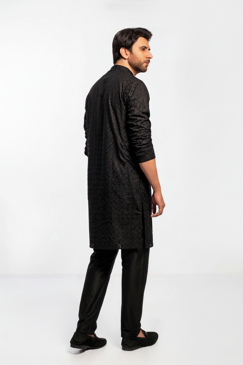 Black Men's kurta Pajama Set Embroidered (Chikan Kari)