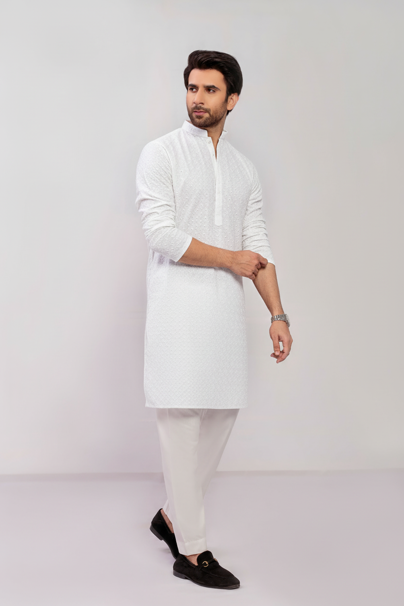 Off white Men's kurta Pajama Set Embroidered (Chikan Kari)