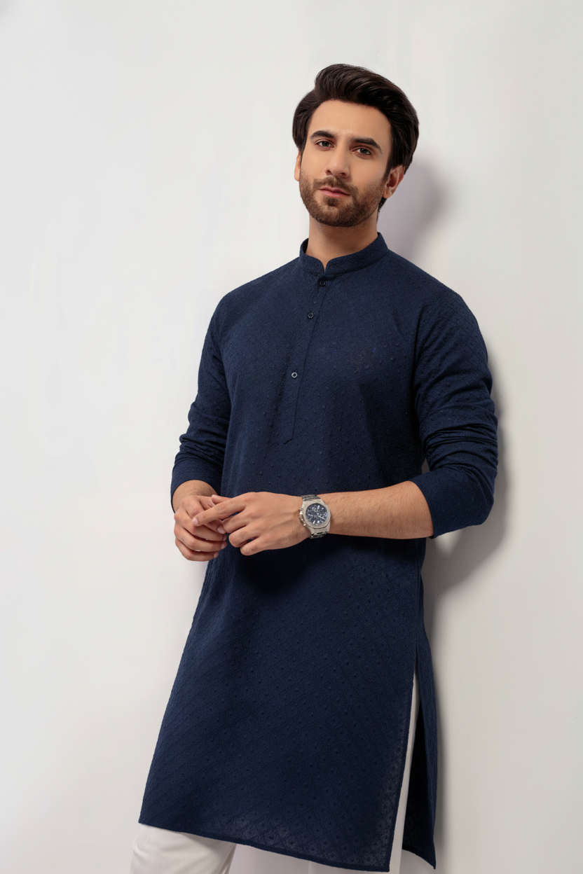 Navy Blue Men's kurta Embroidered (Chikan Kari)
