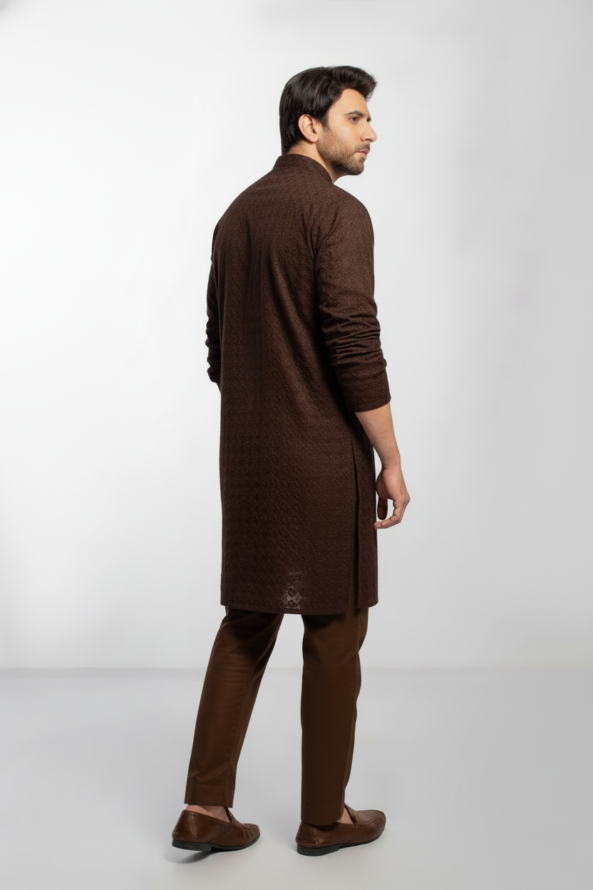 Brown Men's kurta Pajama Set Embroidered (Chikan Kari)