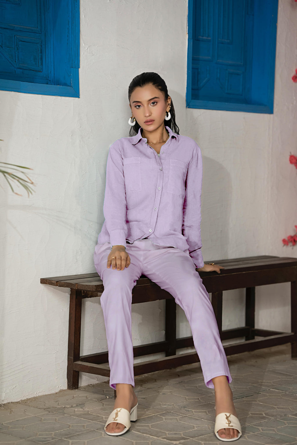 Front view of Lavandra Set in lavender with structured shirt