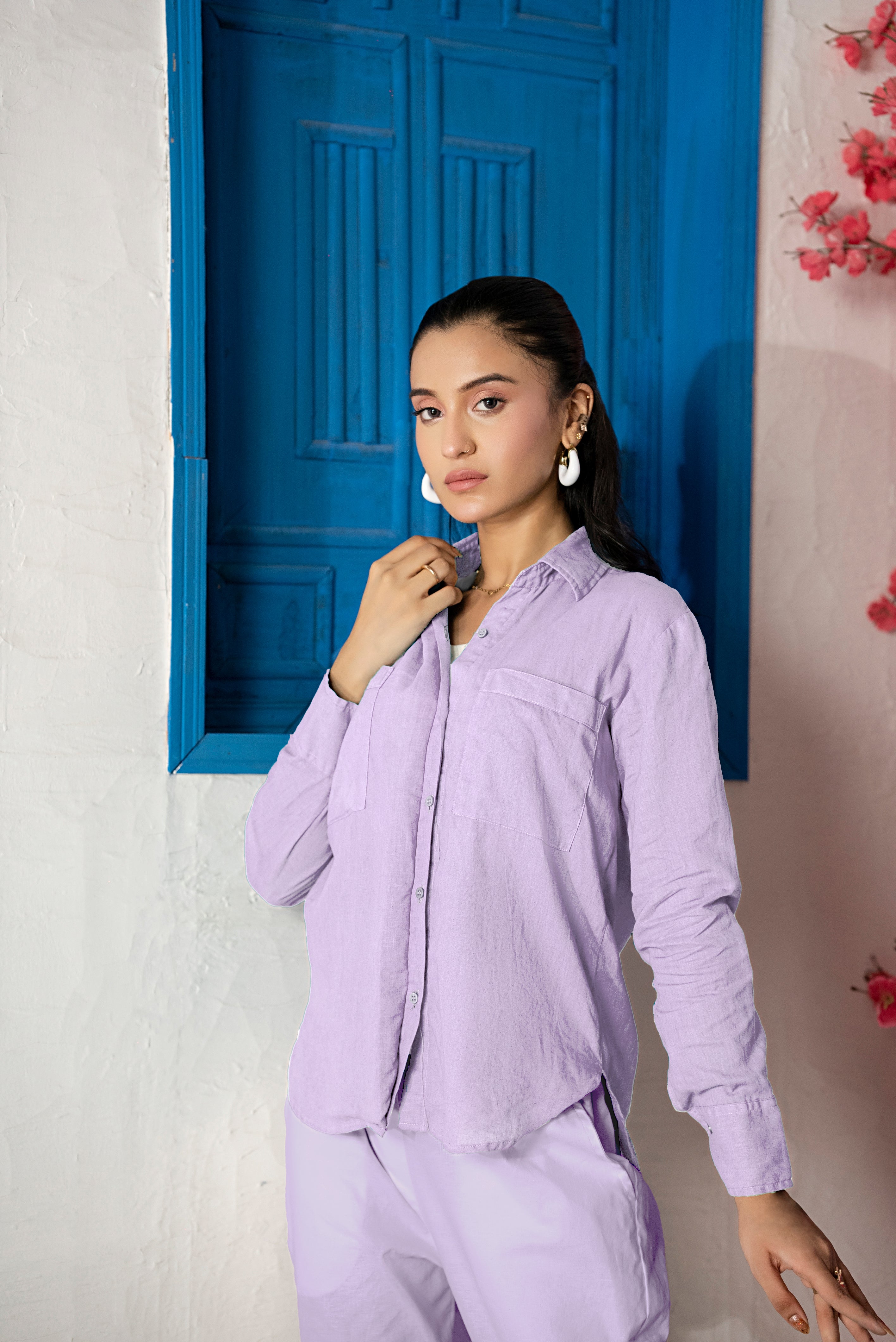 Model posing in Lavandra Set showcasing lavender outfit 