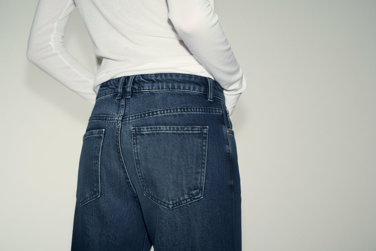 Mid Waist Wide Leg Loose Fit Dark Blue washed