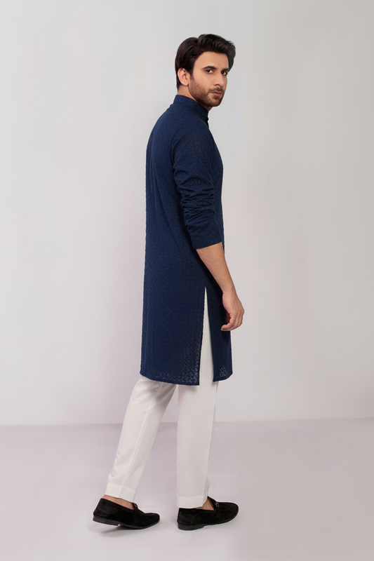 Navy Blue Men's kurta Embroidered (Chikan Kari)