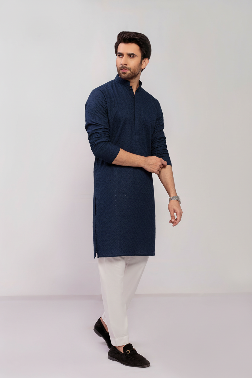 Navy Blue Men's kurta Embroidered (Chikan Kari)