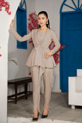 Front view of Sandora Belted Frock Co-Ord Set in sand color with lapel collar, tie belt, and front slit trousers