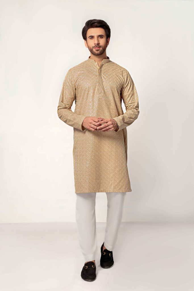 Beige Men's kurta Embroidered (Chikan Kari)