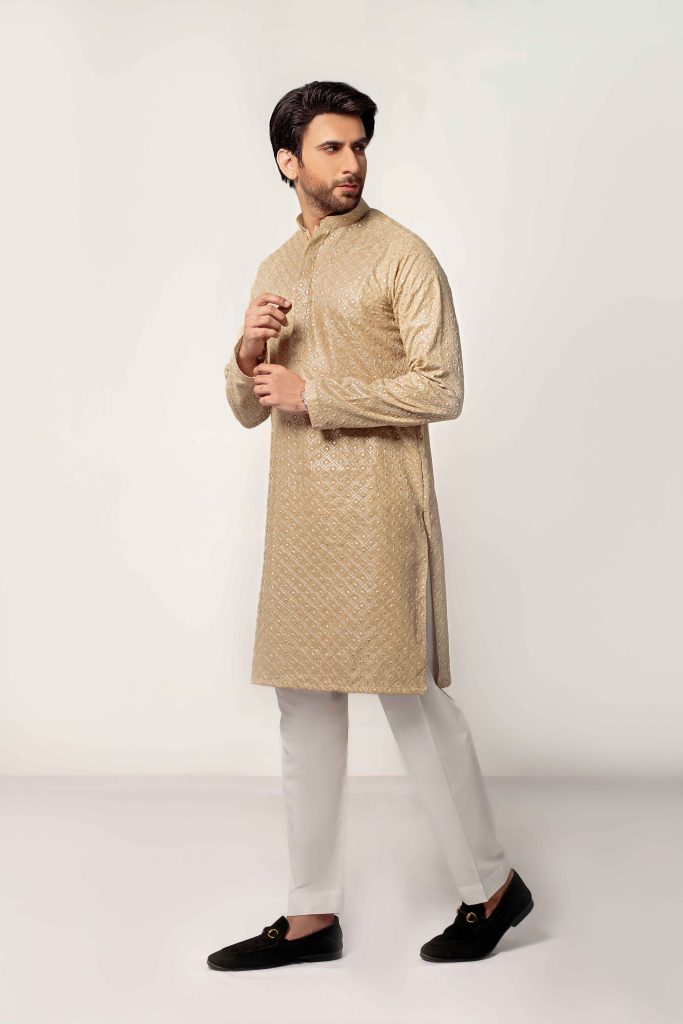 Beige Men's kurta Embroidered (Chikan Kari)
