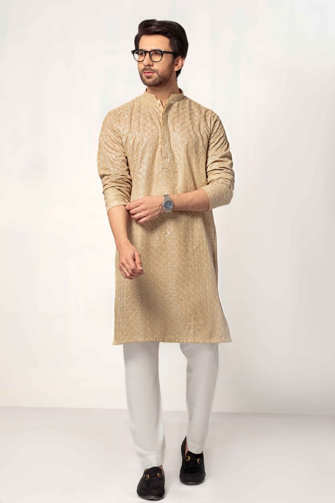Beige Men's kurta Embroidered (Chikan Kari)